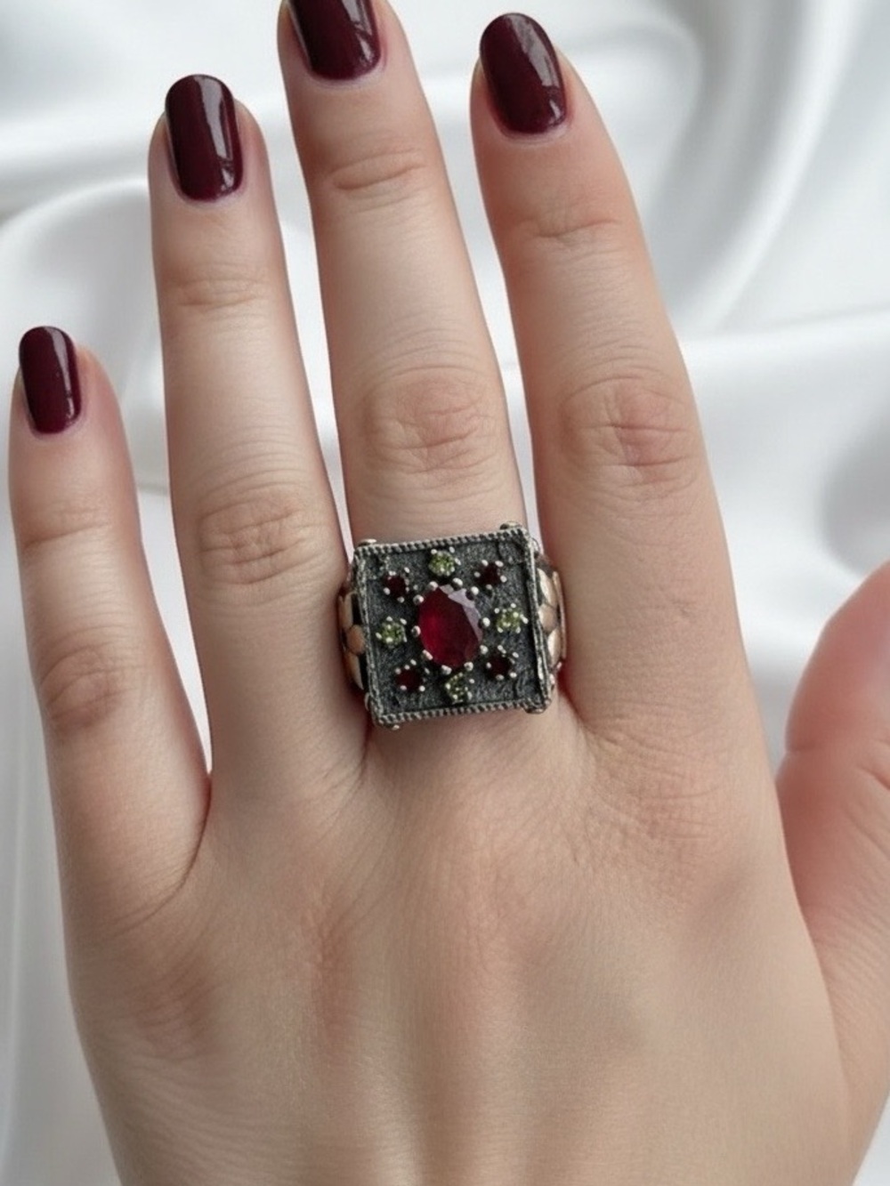 Oxidized Sterling Silver Garnet and Peridot Ring Size 8.25